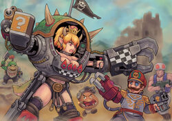  3boys abs armor axe blonde_hair bowser_jr. bowsette breasts bullet_bill commentary crown dynamite earrings epaulettes exoskeleton explosive facial_hair female flag game_boy game_boy_(original) goomba handheld_game_console hat horns hylian_crest imperium_of_man jewelry kensaint large_breasts mario mario_(series) mechanical_arms mixed-language_commentary monocle moustache mouth_hold multiple_boys new_super_mario_bros._u_deluxe open_mouth orc ork_(warhammer) pointy_ears ponytail red_eyes red_toad_(mario) sharp_teeth single_mechanical_arm spiked_tail spikes super_crown tail teeth the_legend_of_zelda toad_(mario) triforce vest warhammer_40k 