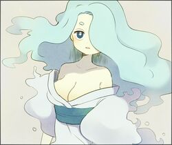  aqua_eyes aqua_hair ayu_(mog) bare_shoulders breasts bright_pupils cleavage en&#039;enra enraenra_(youkai_watch) female hair_over_one_eye japanese_clothes kimono large_breasts long_hair looking_at_viewer off_shoulder parted_lips solo traditional_youkai upper_body white_pupils youkai_(youkai_watch) youkai_watch youkai_watch_2 