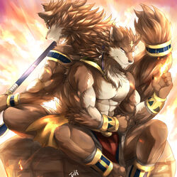  2017 abs anthro biceps canid canine canis chest_tuft clothed clothing deity digital_media_(artwork) duo egyptian_mythology fur hi_res male mammal middle_eastern_mythology muscular muscular_male mythology pecs puzzle_and_dragons set_(deity) set_(puzzle_and_dragons) tach8 topless tuft wolf 