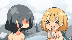  2girls animal_ears bathing black_hair blonde_hair cat_ears gochiwa highres kaban_(kemono_friends) kemono_friends multicolored_hair multiple_girls nude onsen open_mouth outdoors rock same-sex_bathing serval_(kemono_friends) serval_print shared_bathing short_hair smile steam two-tone_hair water 