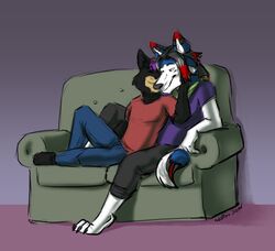  2015 anthro aster_rhodes_ravier canid canine canis clothed clothing cuddling domestic_cat domestic_dog duo eevachu felid feline felis frocta fur furniture hair hi_res husky male mammal nordic_sled_dog relaxing romantic romantic_couple smile sofa spitz 