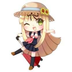  bad_id bad_pixiv_id black_ribbon black_serafuku black_skirt blonde_hair chibi female full_body green_eyes hair_ribbon hat kantai_collection kinubari_nerune long_hair luggage neckerchief one_eye_closed open_mouth pleated_skirt red_neckerchief ribbon rolling_suitcase sailor_collar school_uniform serafuku simple_background skirt smile solo straight_hair straw_hat suitcase sun_hat white_background white_sailor_collar yuudachi_(kancolle) 