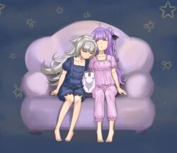  2girls ahoge azur_lane barefoot black_ribbon blue_pajamas blue_shirt blue_shorts blunt_bangs collarbone commentary couch grey_hair hair_bun hair_ribbon hereisds long_hair multiple_girls on_couch pajamas pants pink_pajamas pink_pants pink_shirt puffy_short_sleeves puffy_shorts puffy_sleeves purple_eyes ribbon shirt short_shorts short_sleeves shorts single_hair_bun single_side_bun sitting sleepwear star_(symbol) starry_background stuffed_animal stuffed_toy stuffed_unicorn unicorn_(azur_lane) very_long_hair z46_(azur_lane) 