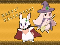  4:3 anthro broom brown_eyes cape chest_tuft cleaning_tool clothing clover_(happy_happy_clover) clover_(plant) costume domestic_rabbit duo eyelashes female fur halloween happy_happy_clover hat headgear headwear heart_symbol hi_res holidays improbable_(artist) lagomorph leporid long_ears looking_at_viewer lop_rabbit magic_user mallow_(happy_happy_clover) mammal oryctolagus pink_body pink_fur pixiv plant purple_eyes rabbit sayuri_tatsuyama semi-anthro shamrock short_fur tuft vampire white_body white_fur witch 