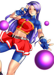  absurdres arikawa asamiya_athena ball belt breasts female fingerless_gloves gloves hairband halter_top halterneck highres king_of_fighters legs long_hair looking_at_viewer midriff navel purple_hair salute simple_background skirt small_breasts smile solo spandex standing thighs white_background yellow_eyes 