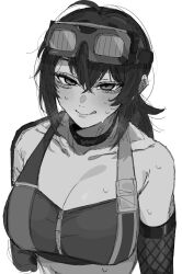  :q blush breasts carrot_011 cleavage crop_top doodles eyewear_on_head female grace_howard greyscale hair_between_eyes highres large_breasts long_hair looking_ahead monochrome nose_blush ponytail sidelocks simple_background smile solo sweatdrop tongue tongue_out upper_body white_background zenless_zone_zero 