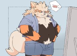  2024 anthro anthrofied arcanine belly big_belly black_body bottomwear clothing generation_1_pokemon inunoshippo kemono male nintendo orange_body overweight overweight_male pokemon pokemon_(species) shirt shorts solo topwear 