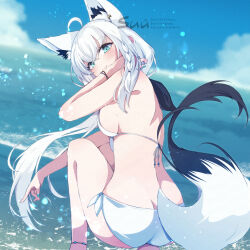  ahoge alternate_costume animal_ear_fluff animal_ear_piercing animal_ears anklet aqua_eyes aqua_nails ass back beach bikini black_ribbon blue_sky blurry blurry_background braid breasts closed_mouth cloud commentary_request day double-parted_bangs extra_ears feet_out_of_frame female fox_ears fox_girl fox_shadow_puppet fox_tail from_behind hair_between_eyes hair_ribbon hand_in_own_hair highres hololive jewelry long_hair looking_at_viewer looking_back low_ponytail medium_breasts nail_polish ocean paid_reward_available ribbon shirakami_fubuki side-tie_bikini_bottom side_braid sideboob sidelocks single_braid sky smile solo squatting suu2510 swimsuit tail virtual_youtuber white_bikini white_hair 