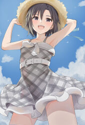  :d adjusting_clothes adjusting_headwear armpits arms_up artist_name bare_shoulders belt belt_buckle black_hair blue_ribbon bow breasts brown_eyes buckle cloud commentary cowboy_shot cumulonimbus_cloud dress dress_bow female from_below grey_dress hair_between_eyes hat hat_ribbon idolmaster idolmaster_(classic) idolmaster_2 kikuchi_makoto light_blush looking_at_viewer looking_down mogskg open_mouth outdoors plaid_clothes plaid_dress ribbon short_dress short_hair signature sleeveless sleeveless_dress small_breasts smile solo straw_hat sun_hat sundress teeth twitter_username upper_teeth_only white_belt white_bow 