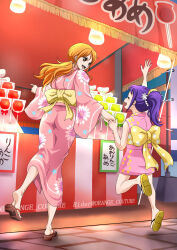  2girls arm_up ass back_bow bare_legs bare_shoulders bow candy_apple closed_eyes commentary_request facing_another floral_print floral_print_kimono food food_stand from_behind full_body hair_ornament high_ponytail highres holding_hands japanese_clothes kimono kurozumi_tama lolicon long_sleeves looking_at_another low_ponytail multiple_girls nami_(one_piece) official_alternate_costume official_alternate_hairstyle one_piece open_hand open_mouth orange_eyes orange_hair outdoors pink_kimono pointing print_kimono purple_hair rider_(orange_couture) sandals sash short_kimono sidelocks sleeveless sleeveless_kimono smile standing standing_on_one_leg tight_clothes twitter_username wavy_hair wide_sleeves 