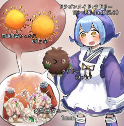  apron blue_kimono bug character_name character_request commentary dragon_girl duel_monster female gameplay_mechanics hatano_kiyoshi height height_difference highres japanese_clothes kimono kuriboh laundry_dragonmaid looking_at_another maid maid_apron monster partially_translated scratching size_comparison standing translation_request tribe-infecting_virus virus vomit wa_maid yellow_eyes yu-gi-oh! zoom_layer 