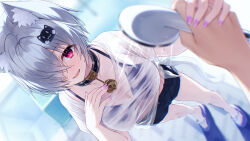  absurdres animal_ear_fluff animal_ears bell bikini bikini_under_clothes black_collar black_shorts breasts cat_ears cat_hair_ornament collar female from_above grabbing_another&#039;s_hand grey_hair hair_ornament hair_over_one_eye hasumi_(hasubatake39) highres holding holding_shower_head jingle_bell kuon_(hasumi_(hasubatake39)) large_breasts neck_bell open_mouth original pov pov_hands purple_nails sandals shirt short_hair shorts shower_head smile solo_focus swimsuit wet wet_clothes wet_shirt 