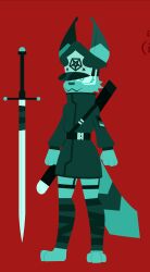  absurd_res ambiguous_gender anthro canid canine clothed clothing digital_media_(artwork) dog_brained hi_res lagomorph legwear logo mammal melee_weapon simple_background solo standing sword uniform weapon weapon_sheath 