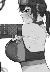  blush breasts carrot_011 crop_top doodles eyewear_on_head female from_side grace_howard greyscale hair_between_eyes highres huge_breasts long_hair looking_ahead monochrome ponytail sidelocks simple_background solo sweat sweatdrop upper_body white_background zenless_zone_zero 