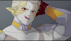  1boy blonde_hair choker colored_skin cross_scar dragon_ball dragon_ball_heroes earrings gloves gold_earrings grey_background grey_sleeves hair_slicked_back hand_in_own_hair hearts_(dragon_ball) jewelry licking_lips looking_ahead male_focus multicolored_skin muscular muscular_male nana_tsuba_(pixiv78353289) pointy_ears red_eyes red_gloves scar short_hair solo sweat teeth third-party_source tongue tongue_out topless_male two-tone_skin upper_body yellow_skin 