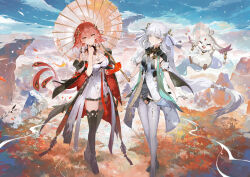  2girls abby_(wuthering_waves) alchemaniac bare_shoulders black_thighhighs blue_sky breasts changli_(wuthering_waves) cleavage commentary dress english_commentary full_body gradient_hair grey_eyes grey_hair hair_ornament highres jinhsi_(wuthering_waves) large_breasts long_hair looking_at_viewer multicolored_hair multiple_girls oil-paper_umbrella orange_hair sky smile thighhighs twintails umbrella very_long_hair white_dress white_hair white_thighhighs wuthering_waves 