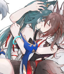  2girls animal_ear_fluff animal_ears arm_around_back bare_shoulders blush brown_hair closed_eyes fox_ears fox_girl fox_tail french_kiss fud green_hair hand_on_another&#039;s_head highres honkai:_star_rail honkai_(series) kissing long_hair multiple_girls tail tingyun_(honkai:_star_rail) yukong_(honkai:_star_rail) yuri 