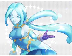  aqua_eyes aqua_hair bare_shoulders blue_dress blue_skin border breasts broken_glass closed_mouth colored_skin covered_navel detached_sleeves dragon_ball dragon_ball_heroes dress female floating_hair glass gloves lagss long_hair looking_at_viewer low_twintails medium_breasts nana_tsuba_(pixiv78353289) no_pupils parted_bangs purple_gloves sideboob sleeveless sleeveless_dress smile solo sparkle third-party_source twintails twitter_username very_long_hair white_border 