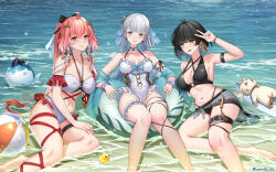  1other 3girls abby_(wuthering_waves) ahoge arm_strap ball bare_shoulders barefoot beachball bikini black_bikini black_bow black_hair black_sarong body_markings bow braid breasts bright_pupils center_opening changli_(wuthering_waves) cleavage closed_mouth collarbone colored_inner_hair commentary criss-cross_halter crossed_legs detached_sleeves earrings english_commentary feather_hair female_rover_(wuthering_waves) frilled_sleeves frills groin hair_between_eyes hair_extensions hair_ornament hair_ribbon hairbow halterneck hand_on_own_thigh highleg highleg_bikini highres innertube jewelry jinhsi_(wuthering_waves) jurrig large_breasts long_hair looking_at_viewer mole mole_on_cheek multicolored_hair multiple_girls multiple_hair_bows navel ocean one-piece_swimsuit orange_eyes outdoors partially_submerged pink_hair red_sleeves ribbon rover_(wuthering_waves) rubber_duck sarong see-through see-through_sleeves short_sleeves sidelocks sitting smile stomach surfboard swim_ring swimsuit thigh_strap thighs toes twin_braids twitter_username two-tone_hair v very_long_hair wet white_bikini white_bow white_eyelashes white_eyes white_hair white_one-piece_swimsuit white_pupils wuthering_waves yellow_ribbon yokozuwari 