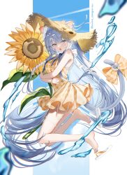  :o absurdly_long_hair absurdres animal_ears arms_under_breasts bare_shoulders barefoot blue_nails blush bow braid breasts brown_hat cat_ears cat_girl cat_tail dress feet female flower from_side grey_eyes grey_hair hair_between_eyes hat highres knees_together_feet_apart kuma_daigorou large_breasts long_hair looking_at_viewer nail_polish open_mouth orange_bow orange_dress original pillarboxed plaid_bow plaid_clothes plaid_dress pleated_dress sandals shoe_loss short_dress side_braid sidelocks sleeveless sleeveless_dress solo straw_hat sunflower tail tail_bow tail_ornament thighs toenail_polish toenails toes twitter_username very_long_hair water yellow_flower 