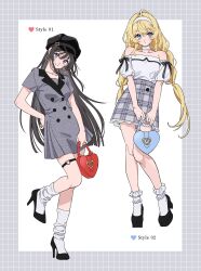  2girls ahoge bag bead_anklet black_hair black_hat blonde_hair blue_eyes border breasts buttons cabbie_hat choker closed_mouth collarbone commission contrapposto dot_nose double-breasted dress earrings foot_up frilled_socks frills grey_border grey_dress grey_skirt grid_border hair_intakes hairband hand_on_own_hip handbag hat head_tilt heart high-waist_skirt highres holding holding_bag hoop_earrings jewelry kneehighs knees_together_feet_apart lace-trimmed_skirt lace_trim long_hair looking_at_viewer loose_socks medium_breasts moya_(toatomoot) multiple_girls off-shoulder_shirt off_shoulder original outside_border plaid_clothes plaid_skirt pleated_dress shirt short_dress short_sleeves simple_background skeb_commission skirt smile socks straight_hair thigh_strap thighs white_background white_choker white_hairband white_shirt white_socks 