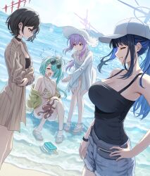  4girls absurdres aqua_hair arius_squad_(blue_archive) atsuko_(blue_archive) atsuko_(swimsuit)_(blue_archive) baseball_cap beach bikini black_bikini black_camisole black_hair blue_archive blue_hair blue_halo breasts brown_shirt camisole cleavage closed_eyes commentary_request denim denim_shorts flat_chest floral_print_bikini food grey_shorts hair_over_one_eye halo hat highres hiyori_(blue_archive) hiyori_(swimsuit)_(blue_archive) jacket knees_together_feet_apart large_breasts long_hair looking_at_another misaki_(blue_archive) misaki_(swimsuit)_(blue_archive) multiple_girls ocean official_alternate_costume open_clothes open_jacket outdoors pinstripe_pattern pinstripe_shirt popsicle purple_hair purple_halo red_halo sandals saori_(blue_archive) saori_(swimsuit)_(blue_archive) shirt short_hair shorts simoumi_217 single_bare_shoulder single_off_shoulder sitting_on_water small_breasts smile squid standing sun_hat swimsuit white_bikini white_hat white_jacket 