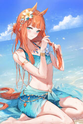  animal_ears aqua_eyes bikini blue_bikini blue_sarong blue_sky blush braid cloud cloudy_sky commentary_request crown_braid day emyo female hair_ornament half_updo highres horizon horse_ears horse_girl horse_tail jewelry long_hair looking_at_viewer navel necklace ocean official_alternate_costume official_alternate_hairstyle outdoors sarong seiza silence_suzuka_(emerald_on_the_waves)_(umamusume) silence_suzuka_(umamusume) sitting sitting_on_water sky smile solo star_(symbol) star_hair_ornament swimsuit tail umamusume 