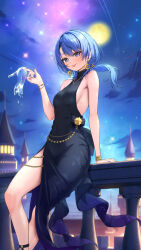  bare_shoulders black_dress blue_eyes blue_hair blue_nails blush bowsan bracelet breasts broken_footwear covered_navel crescent crescent_earrings dress earrings female full_moon glass_footwear hair_between_eyes high_heels highres holding holding_clothes holding_footwear hololive hoshimachi_suisei jewelry long_hair looking_at_viewer moon nail_polish night night_sky on_railing railing side_slit sideboob single_hair_tube sky sleeveless_turtleneck_dress small_breasts smile solo star_(sky) star_(symbol) star_in_eye starry_sky symbol_in_eye thighs tongue tongue_out virtual_youtuber 