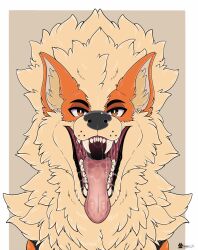  2024 arcanine bodily_fluids canid canine drooling fangs feral fur generation_1_pokemon hi_res imminent_vore inner_ear_fluff looking_at_viewer male mammal marcushunter mouth_shot nintendo open_mouth pokemon pokemon_(species) saliva saliva_on_tongue saliva_string signature solo teeth tongue tongue_out tuft 