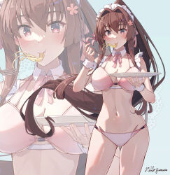  bikini breasts brown_hair cherry_blossoms eating female flower food fork hair_between_eyes hair_flower hair_intakes hair_ornament highres himeyamato holding holding_fork holding_plate kantai_collection large_breasts long_hair looking_at_viewer maid maid_bikini maid_headdress navel pasta pink_bikini plate ponytail red_eyes sidelocks smile spaghetti standing stomach swimsuit symbol-shaped_pupils two-tone_bikini unconventional_maid very_long_hair white_bikini yamato_(kancolle) yamato_kai_ni_(kancolle) yamato_kai_ni_(swimsuit_mode)_(kancolle) zoom_layer 