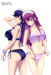  2girls absurdres ass bra breasts cleavage highres large_breasts looking_at_viewer maid_headdress megami_magazine megami_no_kafeterasu midriff multiple_girls navel non-web_source official_art panties pink_bra pink_panties purple_bra purple_panties scan scrunchie side-tie_panties simple_background smile thighs underwear white_background wrist_scrunchie 