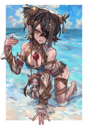  absurdres bare_shoulders beach bikini black_hair blue_bikini breasts brown_eyes character_doll detached_sleeves fate/grand_order fate_(series) female hair_over_one_eye hair_ribbon highres jewelry looking_at_viewer mole mole_under_eye necklace open_mouth ribbon sabamiso_taro shore short_hair short_twintails small_breasts solo swimsuit thigh_strap twintails xu_fu_(fate) yu_mei-ren_(fate) 