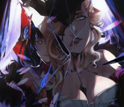  2girls bare_shoulders blonde_hair blue_eyes breasts broken_glass butterfly_mask cleavage dress genshin_impact glass hair_ornament highres japanese_clothes kimono lace-trimmed_eyepatch large_breasts long_hair low-braided_long_hair low-tied_long_hair mask mask_over_one_eye mole mole_under_eye multiple_girls obi one_eye_covered purple_eyes purple_hair purple_kimono raiden_shogun sash shatukawa signora_(genshin_impact) strapless strapless_dress white_dress 