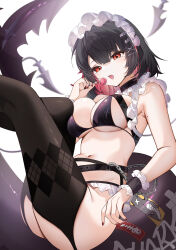  absurdres bikini black_bikini black_choker black_hair black_thighhighs candy choker colored_inner_hair ellen_joe female fins fish_tail food highres holding holding_candy holding_food holding_lollipop knees_up lollipop maid maid_bikini maid_headdress medium_hair multicolored_hair navel open_mouth red_eyes red_nails shark_girl shark_tail simple_background solo stomach swimsuit tail thighhighs unconventional_maid white_background yukineko1018 zenless_zone_zero 