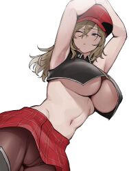  absurdres alisa_ilinichina_amiella alternate_hair_color armpits arms_up bare_shoulders black_footwear black_vest blonde_hair blue_eyes boots breasts brown_pantyhose cabbie_hat closed_mouth commentary cowboy_shot cropped_vest female god_eater god_eater_burst hair_between_eyes hat highres large_breasts long_hair looking_to_the_side navel one_eye_closed pantyhose plaid_clothes plaid_headwear plaid_skirt red_hat red_skirt sidelocks simple_background skirt solo standing stomach thigh_boots underboob upskirt vest white_background yesman_(cvbnyesman) 