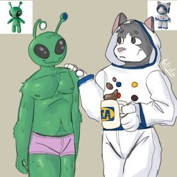  alien clothing container cup domestic_cat duo felid feline felis fur green_body grey_body grey_fur hi_res ikea ikea_alien ikea_space_cat male mammal mug palister35 pink_clothing pink_underwear plushie spacesuit underwear 