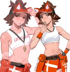  absurdres adjusting_clothes adjusting_headwear blowing_whistle blush breasts brown_eyes brown_hair collarbone crop_top female hand_on_own_hip hat highres holding holding_whistle kiriko_(lifegaurd)_(overwatch) kiriko_(overwatch) lifeguard looking_at_viewer medium_hair navel overwatch overwatch_2 red_hat red_shorts shirt shorts small_breasts standing sweat visor_cap whistle whistle_around_neck white_background white_shirt yshua 