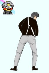  avian bird black_clothing black_shoe black_topwear bottomwear caixukun chicken clothing galliform gallus_(genus) grey_bottomwear grey_clothing grey_hair grey_pants hair human male male/male mammal not_furry overalls pants phasianid simple_background solo topwear 