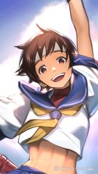  abs akisa_yositake arm_up brown_eyes brown_hair cloud female gloves headband highres kasugano_sakura outdoors red_gloves ribbon school_uniform short_hair sky smile solo street_fighter street_fighter_zero_(series) teeth upper_teeth_only white_headband yellow_ribbon 