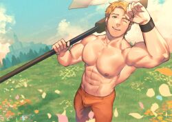  1boy abs arm_up armpits axe bara biceps boucheron_(fire_emblem) brown_hair bulge fire_emblem fire_emblem_engage flower grass green_eyes holding holding_axe large_pectorals male_focus navel nipples one_eye_closed orange_pants outdoors pants pectorals petals sai_(serialmilq) short_hair solo sweat topless_male 