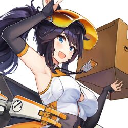  arm_up armpits bare_shoulders big_breasts black_elbow_gloves blue_eyes blue_hair blush color delivery delivery_employee delivery_girl delivery_uniform elbow_gloves express_76 eyebrows_visible_through_hair female female_focus female_only fingerless_elbow_gloves from_below game_cg hair_between_eyes id_card last_origin long_hair looking_at_viewer open_mouth package paintale ponytail sleeveless smile smiling smiling_at_viewer transparent_background upper_body viewed_from_below visor visor_(eyewear) visor_lift work_uniform 