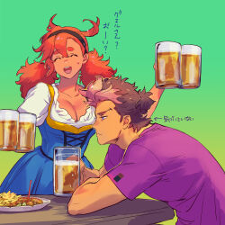  1boy ^_^ beer_mug black_hairband blue_dress blue_eyes breasts brown_hair cleavage closed_eyes collarbone cup dark-skinned_female dark-skinned_male dark_skin dirndl dress female food french_fries frown german_clothes green_background guel_jeturk gundam gundam_suisei_no_majo hair_behind_ear hairband highres holding holding_cup ivy_hermit low_twintails medium_breasts mug pink_hair red_hair shirt suletta_mercury thick_eyebrows translation_request twintails v-shaped_eyebrows white_shirt 