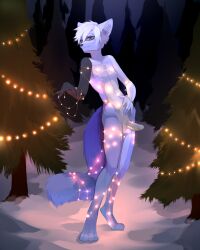  2023 absurd_res anthro balls chillydog erection everest_(nightswing) forest genitals hi_res lights looking_at_viewer male nipples nude outside plant snow solo string_lights tree unknown_artist 