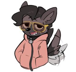  abilify_(character) aggretsuko anthro clothed clothing collar collar_tag eyewear hair half-closed_eyes half-length_portrait hands_in_both_pockets happy hoodie hyena leash looking_at_viewer male male/male mammal mane mane_hair moozua narrowed_eyes open_mouth portrait sanrio solo spotted_hyena style_emulation sunglasses sunglasses_on_face tail tail_motion tailwag teeth_showing topwear 