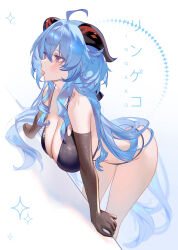  absurdres ahoge alternate_costume bare_shoulders blue_hair blush breasts cleavage elbow_gloves female ganyu_(genshin_impact) genshin_impact gloves goat_horns highres horns large_breasts long_hair purple_eyes ringeko-chan sidelocks simple_background solo thighs very_long_hair white_background 