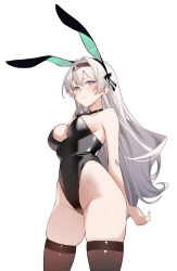  animal_ears bare_arms bare_shoulders black_hairband black_leotard blush breasts cleavage cowboy_shot fake_animal_ears female firefly_(honkai:_star_rail) grey_hair groin hairband honkai:_star_rail honkai_(series) large_breasts leotard long_hair looking_at_viewer playboy_bunny purple_eyes rabbit_ears solo standing strapless strapless_leotard thighhighs thighs very_long_hair xion32 