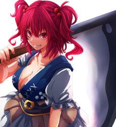  absurdres breasts cleavage female highres holding holding_scythe large_breasts looking_at_viewer nuru_himmel onozuka_komachi puffy_short_sleeves puffy_sleeves red_eyes red_hair scythe short_sleeves smile solo touhou two_side_up white_background 