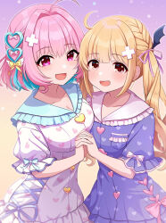  2girls ahoge blonde_hair blue_hair blue_sailor_collar blush bob_cut bow breasts brown_eyes cleavage collarbone dress fingernails frilled_sailor_collar frills futaba_anzu gradient_background hair_intakes hair_ornament hair_ribbon hairbow heart heart_hair_ornament holding_hands idolmaster idolmaster_cinderella_girls idolmaster_cinderella_girls_starlight_stage interlocked_fingers large_breasts light_blue_hair long_hair looking_at_viewer medium_hair multicolored_hair multiple_girls nail_polish oerba_yun_fang official_alternate_costume open_mouth pink_background pink_dress pink_eyes pink_hair pink_nails pink_ribbon purple_dress ribbon sailor_collar sakura_ran short_sleeves side_ahoge smile starry_background two-tone_hair white_bow white_dress wing_hair_ornament x_hair_ornament yellow_bow yumemi_riamu 