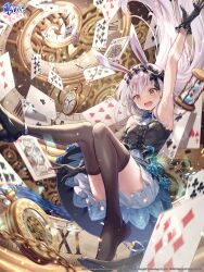  absurdres animal_ears arm_up armpits azur_lane black_dress black_footwear black_gloves black_hairband black_thighhighs blue_bow blue_bowtie blue_flower blue_rose blush bow bowtie breasts card clock convenient_leg dress falling female flower frilled_dress frilled_gloves frilled_hairband frills full_body gears gloves hairband high_heels highres hikimayu hirokazu_(analysis-depth) knees_together_feet_apart layered_dress logo long_hair motion_blur official_alternate_costume official_art open_mouth playing_card pocket_watch rabbit_ears rose second-party_source shimakaze_(azur_lane) shimakaze_(the_white_rabbit_of_wonderland)_(azur_lane) sleeveless sleeveless_dress small_breasts solo thighhighs watch watermark white_hair yellow_eyes 