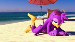  3d_(artwork) anthro avian beach beach_chair bikini bird blender_(artwork) blender_cycles clothing dargotdruid digital_media_(artwork) eyewear eyewear_on_head female glasses glasses_on_head hi_res hirundinid lying on_front oscine passerine sand sea sega solo sonic_riders sonic_the_hedgehog_(series) swallow_(bird) swimwear two-piece_swimsuit umbrella water wave_the_swallow 